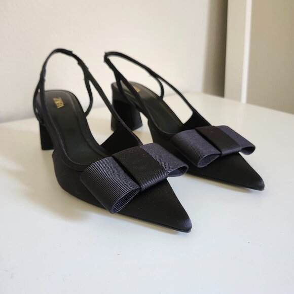 ZARA Bow Block Heel Slingbacks | Black - Picture 6 of 9